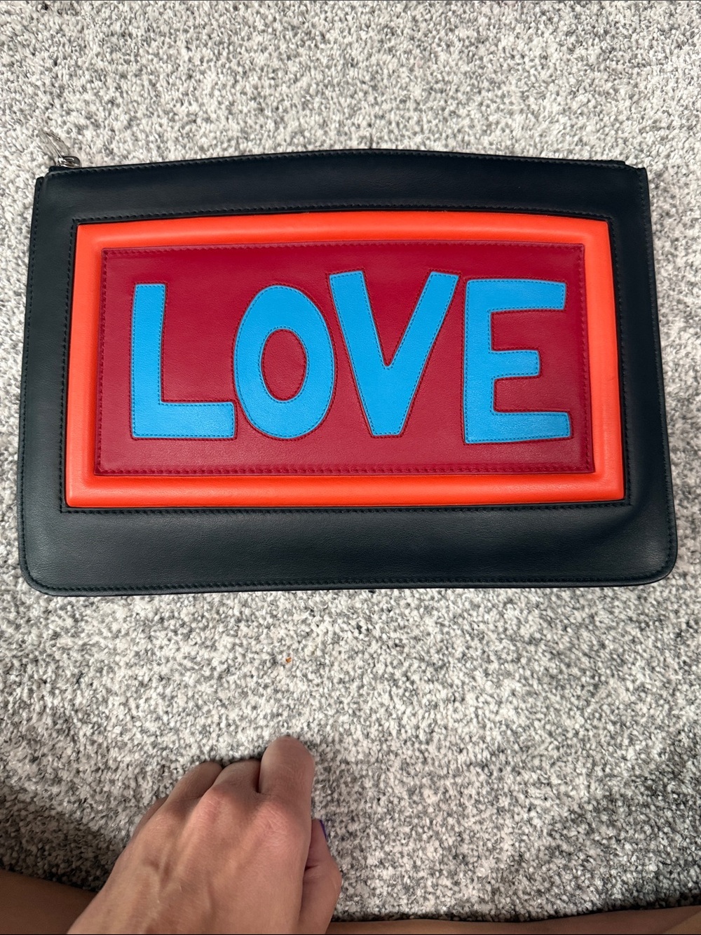 Fendi LOVE Patch Black Leather Zip Clutch with Blue Lettering